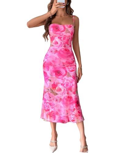 GORGLITTER Women's Floral Backless Bodycon Midi Dress Mesh Sleeveless Fishtail Cami Dresses Pink Large, Pink