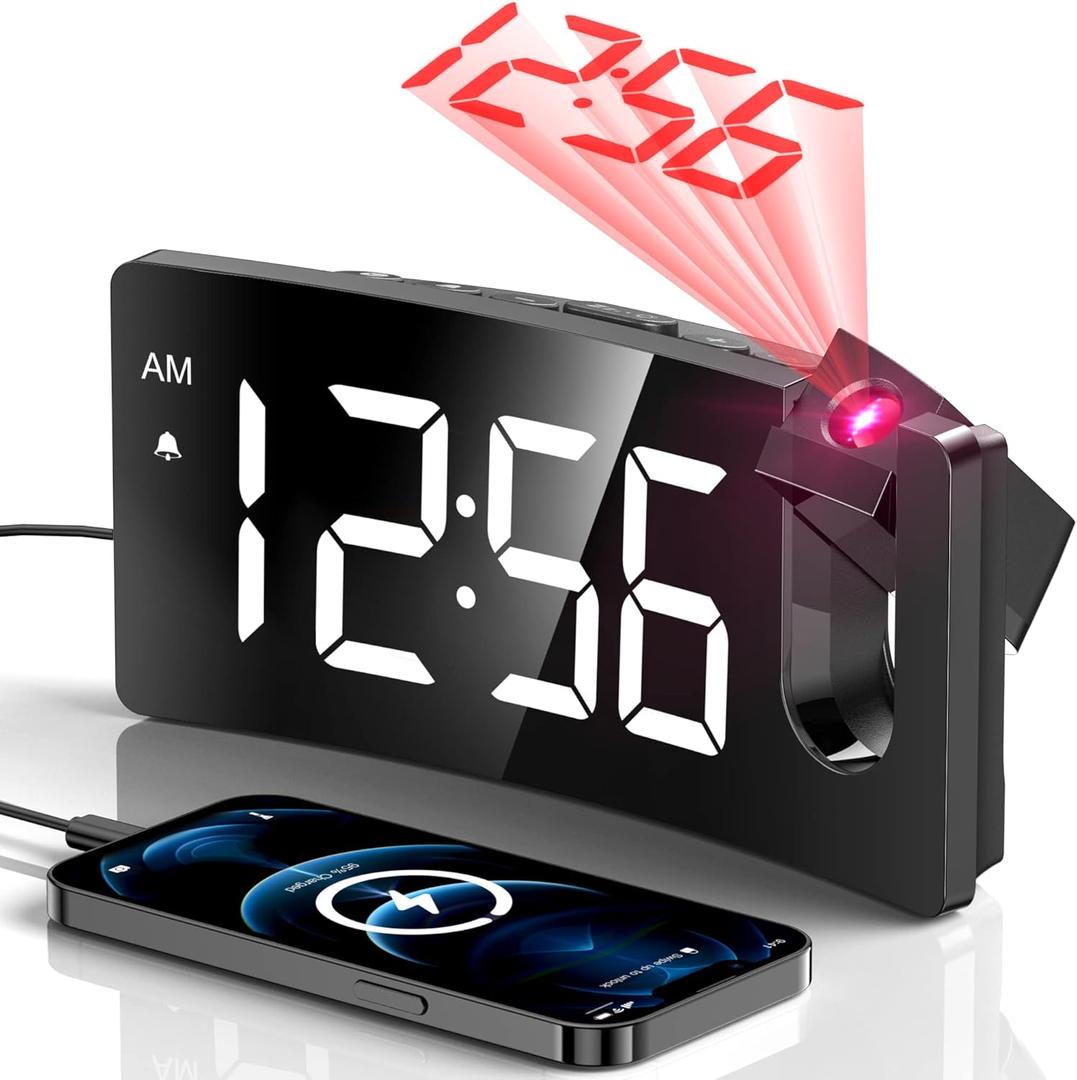 Projection Alarm Clock, Digital Clock with 180 Rotatable Projector, 3-Level Brightness Dimmer, Clear LED Display, USB Charger, Progressive Volume, 9mins Snooze,12/24H, Digital Alarm Clock for Bedroom