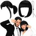 Wavwavw 7 Pcs Halloween Classic Film Character Couples Accessories Costume Set Short Black Pigtail Synthetic Hair Wigs Bolo Tie Straight Bob Wig Retro 90s Movie Cosplay Set for Adult Couple Cosplay