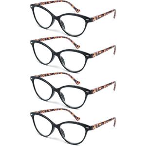 HEEYYOK Women Reading Glasses 4-Pack,Cateye Readers Glasses Small Face Comfort Spring Hinge 3.50, Black