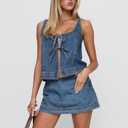 Womens Tie Front Sleeveless Denim Vest and Mini Jean Skirt Two Piece Sets Summer Trendy Going Out Outfits (Blue, XL)