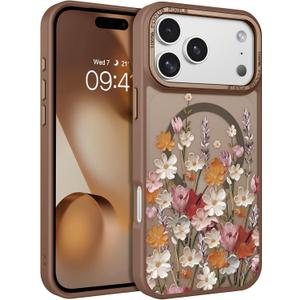 DOMAVER for iPhone 17 Pro Case, Magnetic Phone Case iPhone 17 Pro [Compatible with MagSafe] Slim Fit Flowers Floral Design Shockproof Protective Bumper Women Men Girls Boys Cover, Spring-Brown