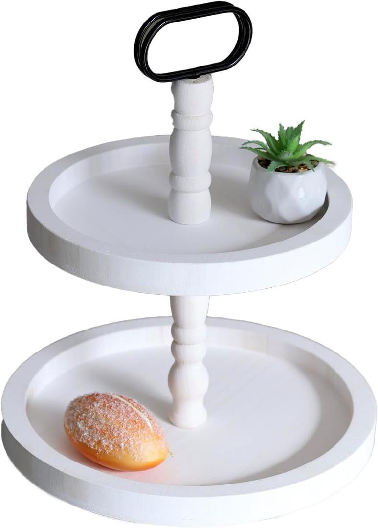 Rustic 2 Tiered Tray Decor, Coffee Color, Wooden Material, Round Shape (White)