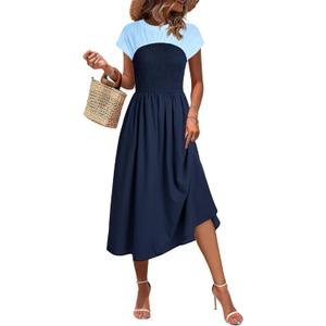 Wenrine Womens Casual Summer Midi Dress Smocked Cap Sleeve Crew Neck Color Block A Line Flowy Beach Dresses (M)