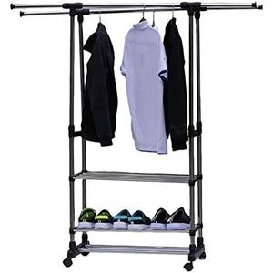 Dual Bars Horizontal and Vertical Telescope Style, 3 Tiers Stainless Steel Clothing Garment Shoe Rack,Adjustable Rack for Living Room Bedroom Office Balcony