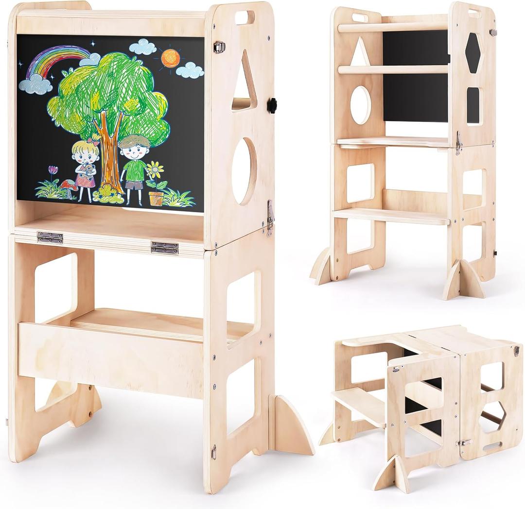 4-in-1 Toddler Kitchen Step Stool, Foldable Learning Standing Tower with Blackboard, Wooden Kitchen Stool Helper for Kids, 1-3 Year Old Boy Girl Gifts (4-in-1 Tower)