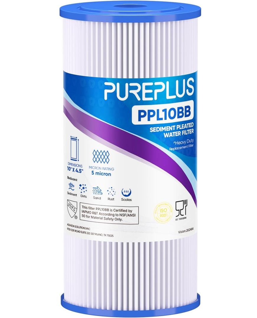 PUREPLUS 10" x 4.5" Whole House Pleated Sediment Filter for Well Water, Replacement Cartridge for GE FXHSC, Culligan R50-BBSA, Pentek R50-BB, DuPont WFHDC3001, American Plumber W50PEHD, GXWH40L, 1Pack