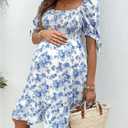 MakeMeChic Women's Maternity Dress Summer Beach Sundress Floral Puff Sleeve Baby Shower Dress (L)
