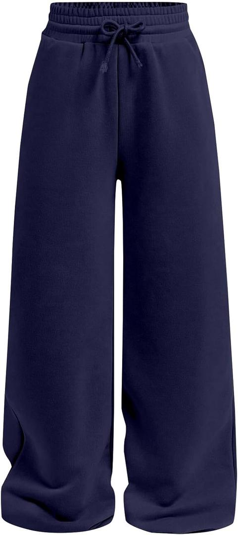 Girls Wide Straight Leg Loose Sweatpants Elastic Waist Drawstring Jogger Pants (7-8 Years, Navy Blue)