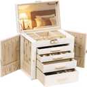 Synthetic Leather Huge Jewelry Box Mirrored Watch Organizer Necklace Ring Earring Storage Lockable Gift Case (White)