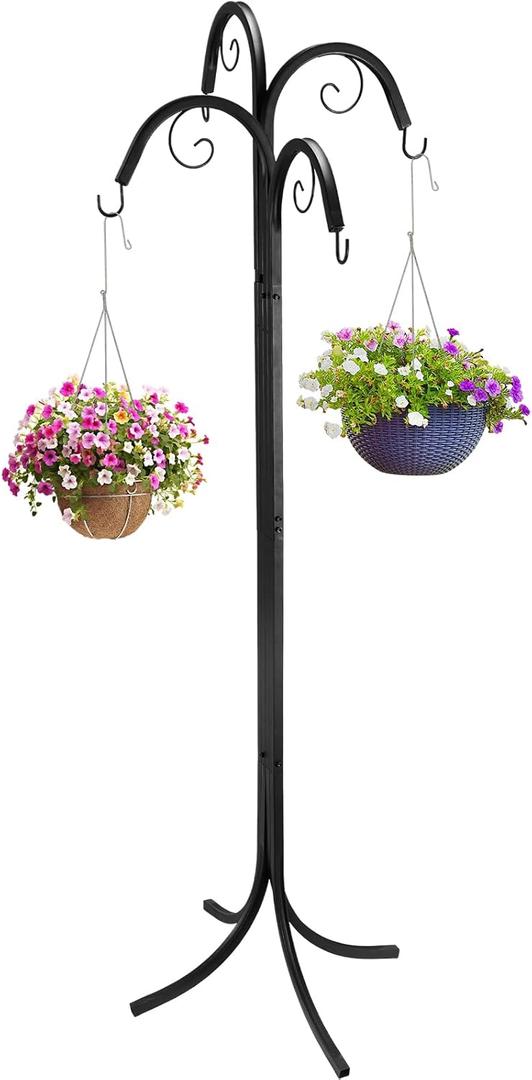 4 Way Scroll Basket Hanger Plant Hook, Black Shepherds Hook for Outdoor Heavy Duty, Garden Hanging Plant Stand for Hanging Baskets for Outdoor & Indoor Use, 72 Inch
