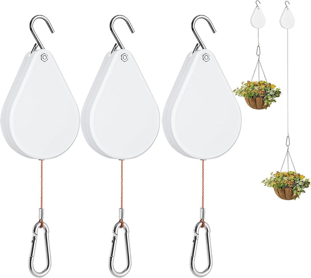 WROSWT Upgraded Retractable Plant Hanger,Plant Pulleys for Hanging Plants,Easy to Raise and Lower,Auto Lock,Heavy Duty,Adjustable Hook for Garden Baskets Pots,Birds Feeder,(3Pcs,White)