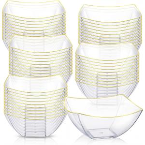 Tanlade 50 Pcs Square Plastic Serving Bowls with Gold Rim Disposable Party Snack Salad Bowl 8oz Candy Containers Taco Bar Serving Dishes for Wedding Buffet Party(Clear)