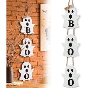 Vicenpal Halloween Ghost Boo Wooden Door Hanger Sign, Large Cute Ghost Decor for Front Door Yard Wall Indoor/outdoor Halloween Party Decorations(Classic)