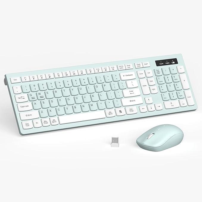 Wireless Keyboard and Mouse Combo, FullSized Wireless Keyboard and Adjustable DPI Mouse, 2.4GHz USB Receiver, Keyboard and Mouse for PC, Windows, Desktop, Laptop (Mint Green and White)