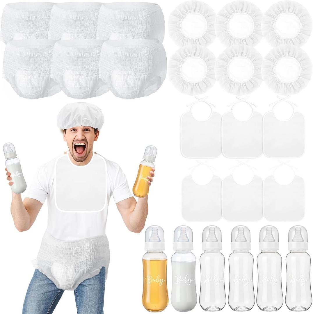 6 Sets Bottle Chug Baby Shower Games Juegos Para Plastic Baby Bottles Bibs Hat Disposable Diapers Gender Reveal Games Baby Changing Diaper Race Game Decoration (White)
