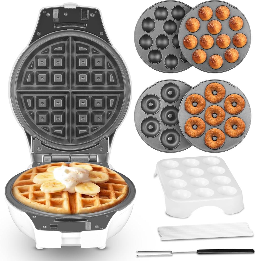 SugarWhisk Thick Belgian Waffle Maker with 3 Removable Plates, 7” Non Stick Belgian Waffle Iron Removable Plates, 3 in 1 Mini Donut Maker Machine, Cake Pop Maker Machine Set with Accessories & Tools