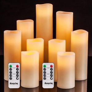 Hanzim Flameless Flickering Battery Operated Candles D2.2''*H4 5" 6" 7" 8" 9" Set of 9 Ivory Real Wax Pillar LED Candles with 10-Key Remote and Cycling 24 Hours Timer (Ivory)