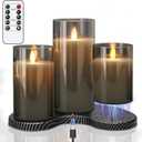 GenSwin Rechargeable Candles with Charging Station, Glass Flameless Candles with Remote, LED Pillar Flickering Candle Battery Operated for Halloween Christmas Home Party Decor(Pack of 3, Gray)