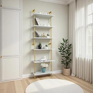 ZIOTHUM 6 Tier Gold Bookshelf, White and Gold Shelves, Modern Shelves Shelf Bookcase Metal Mid Century Open Industrial Wall Mount Accents Decor Retail Shelving Vertical for Living Room, 9.8d X 23.6w X 72h in