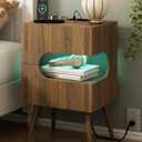 JOONEE Nightstand with Charging Station and LED Lights,Modern Bedside Table with 2 Storage Drawer,Night Stand with Solid Wood Legs,White (Walnut Brown)