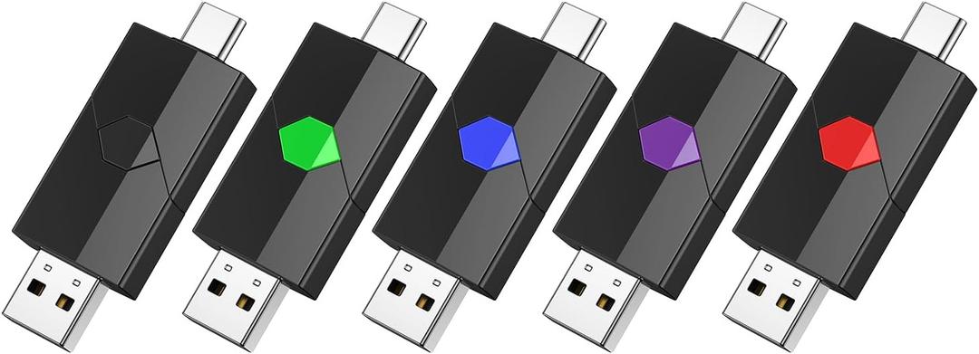 Aiibe 128GB USB C Flash Drive 5 Pack - Type C + USB A Memory Stick, Push-Pull USB 2.0 Thumb Drive (Black, Green, Red, Blue, Purple)