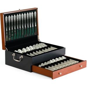 boldworks Silverware Storage Box Silverware Chest Case for Silver Flatware with Lid Tarnish Proof Felt Lined Partition and Drawer Holds Service for 14 Includes Polishing Cloth