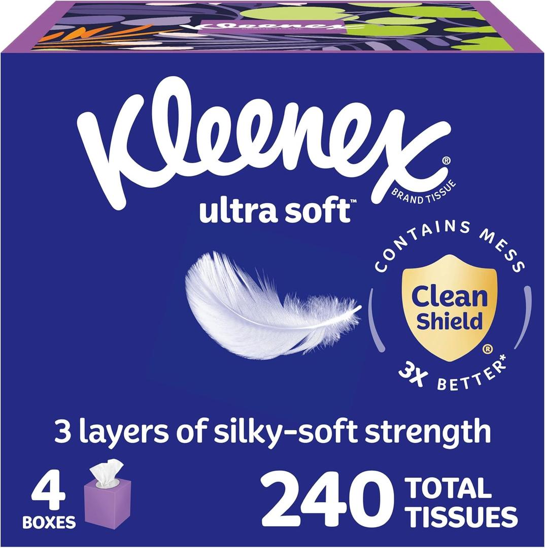 Kleenex Ultra Soft Facial Tissues, 4 Cube Boxes, 60 Tissues Per Box, 3-Ply (240 Total)