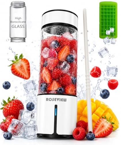 Portable Smoothie blender ROSEVIEW Glass bottle USB rechargeable mini Handheld Ice Shakes Cup 2 blend juicer Cordless Personal smoothies maker Fruit blast mixer