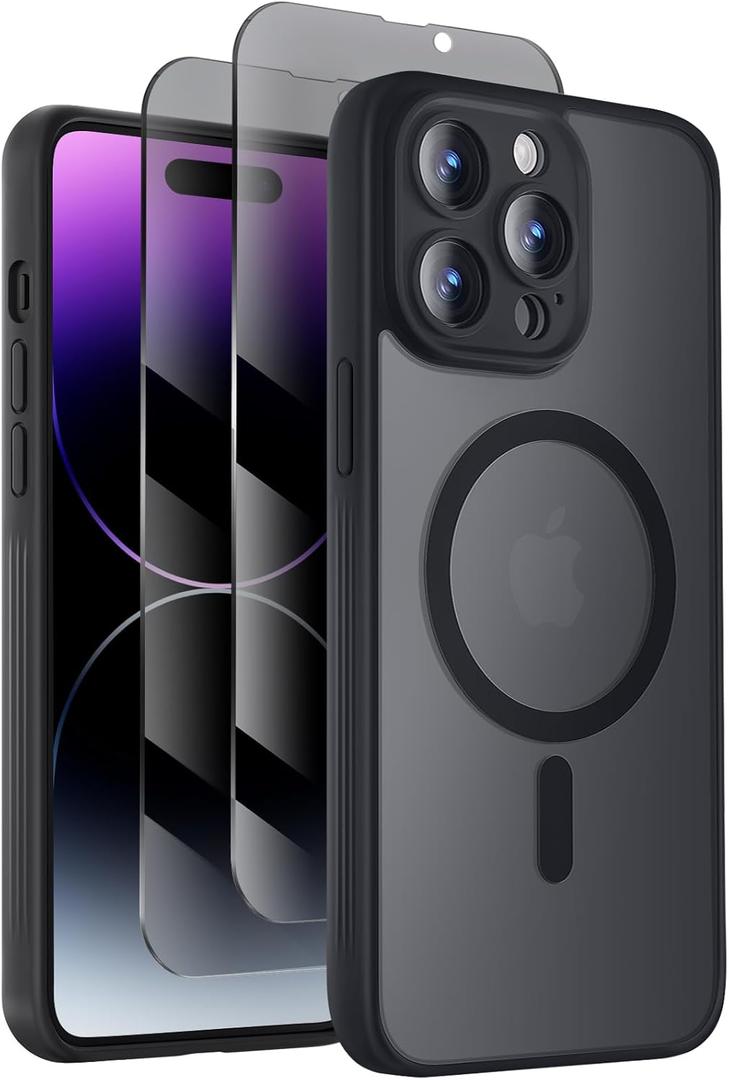 Symcele Designed for iPhone 14 Pro Case, Compatible with MagSafe, with Privacy Screen Protectors X2, [Camera Protection] [15FT Military Drop Protection] Shockproof Phone Case, 6.1", Black