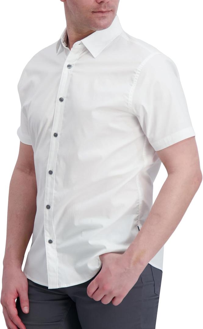 DKNY Short Sleeve Mens Button Down Shirt - Modern Fit, Breathable Stretch Cotton | Solid Woven Button Up Shirts for Men (X-Large, White)