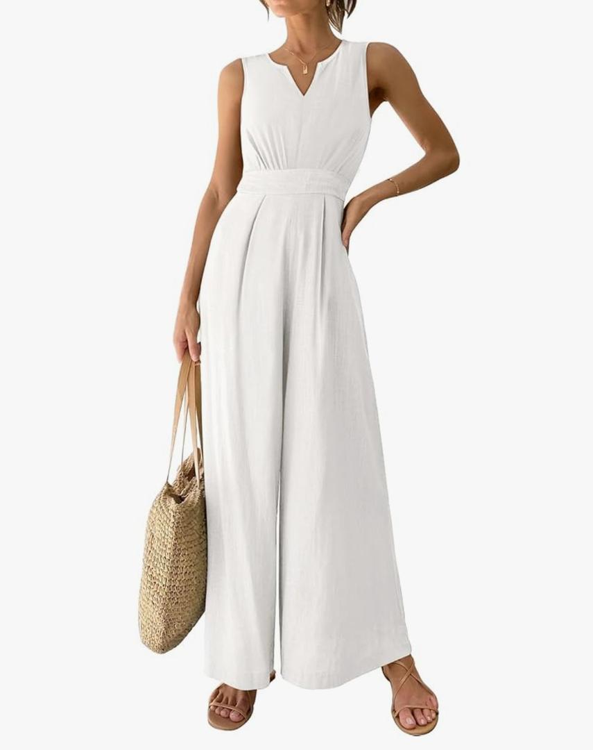 ANRABESS Jumpsuits for Women Summer Dressy Casual Linen Romper Sleeveless V Neck High Waist Wide Leg Beach Vacation Outfits, Large