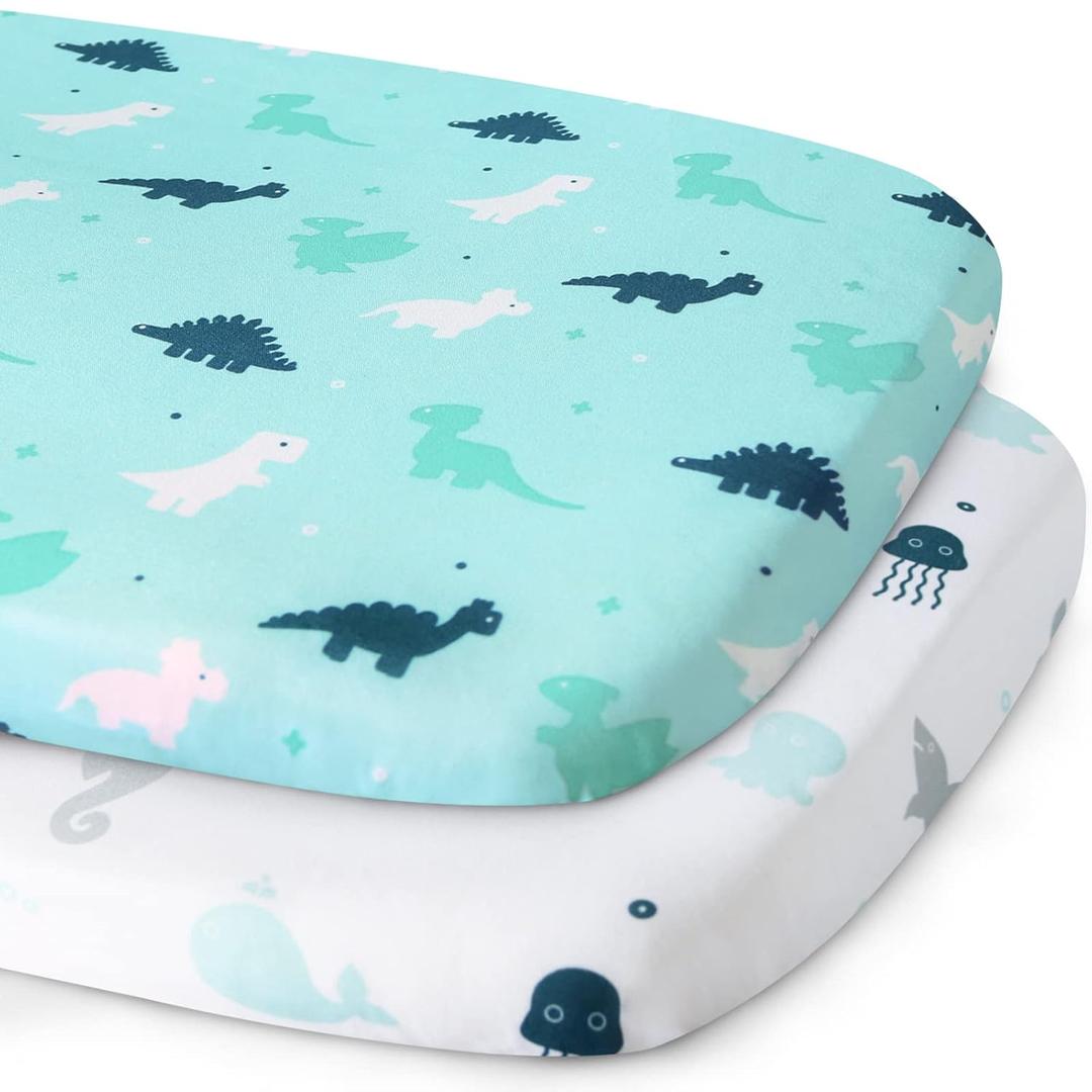 Bassinet Sheet, Bassinet Sheets 2 Pack, Ultra Soft Bassinet Sheets for Baby Boys or Girls Universal Fit for Rectangle, Oval, Hourglass Bassinet Pad/Mattress, Dinosaurs & Ocean (Aqua)