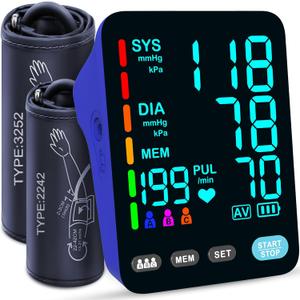 Blood Pressure Monitor, Automatic Upper Arm Blood Pressure Monitors for Home Use, 2 Blood Pressure Machine Cuff(9-17in & 13-21in) with Large LED Backlit Display, 3x199 Reading Memory Users Blue