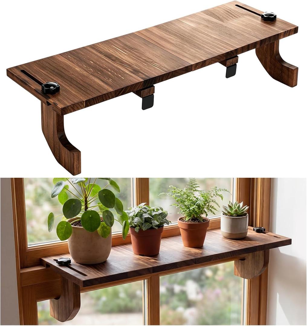 1 Pcs Brown Window Sill Plant Shelf for Plants 21.7 x 7.1 x 5.9 Inch Windowsill Extender Window Plant Floating Shelves No Drilling Wooden Bracket for Cat Perch Planters (Right Angle)