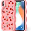 Compatible with iPhone X/iPhone Xs Case for Women Girls, Curly Wavy Frame with Cute Pattern, Aesthetic Slim Soft Silicone TPU Bumper Shockproof Phone Case for iPhone X/XS - Bow Cherry