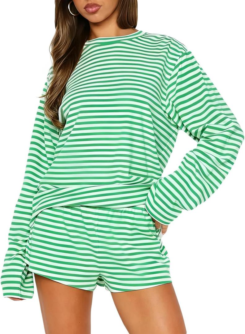 RUEWEY Women Striped Pajamas Set Crewneck Long Sleeve Loose Top Shorts Two Piece Lounge Sets (Large, Green)