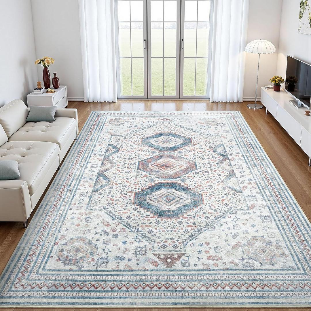 Maxsoft 5x8 Area Rugs for Living Room Bedroom, Large Vintage Prints Low-Pile Washable Rug with Non-Slip Backing, Soft Thin Throw Carpet for Dining Room Classroom Dorm Home Decor, Teal White