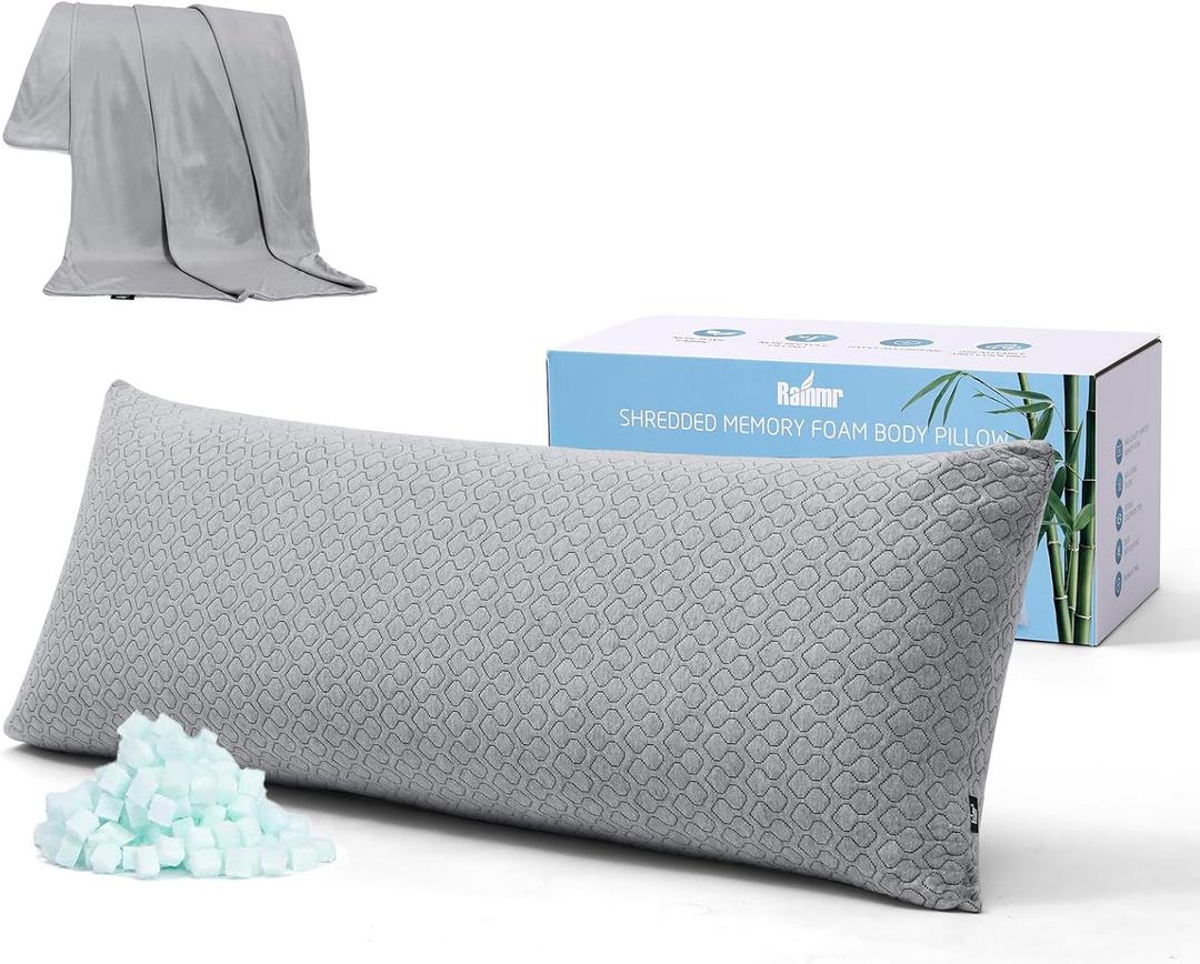 Rainmr Thick Memory Foam Body Pillow - Full Body Pillows for Side Sleeper - with Grey Cooling Pillowcase 20 x 54 inches
