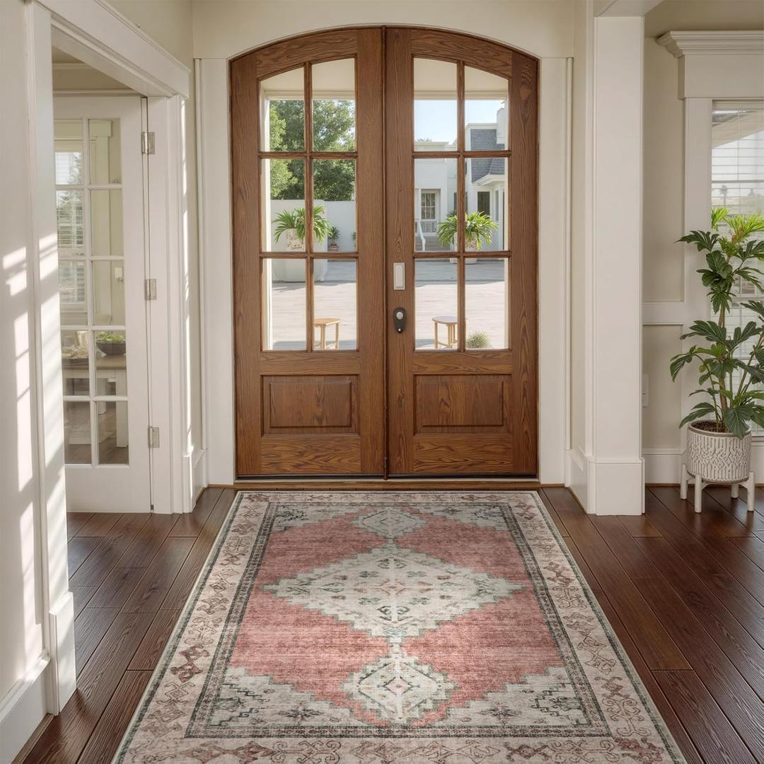 Beeiva Washable Rugs 3x5 Non Slip, Vintage Medallion Entryway Area Rug for Bedroom Indoor Medallion Ultra Thin, Low Pile Distressed Carpet for Kitchen Office Home Decor (Pink & Multi,3'x5')