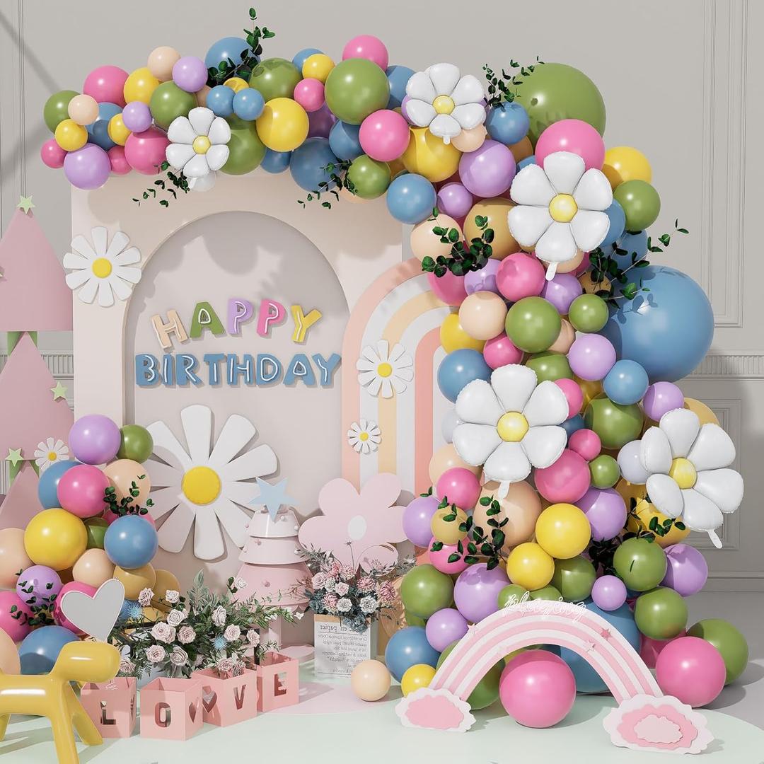 Spring Flower Balloon Arch Garland Kit, 157pcs Groovy Wildflower Balloon Arch with Daisy Balloons for Baby in Bloom Baby Shower Easter Party Spring Daisy Theme Birthday Party Decorations (Green, Blue, Red, Lemon, Blush, Purple)