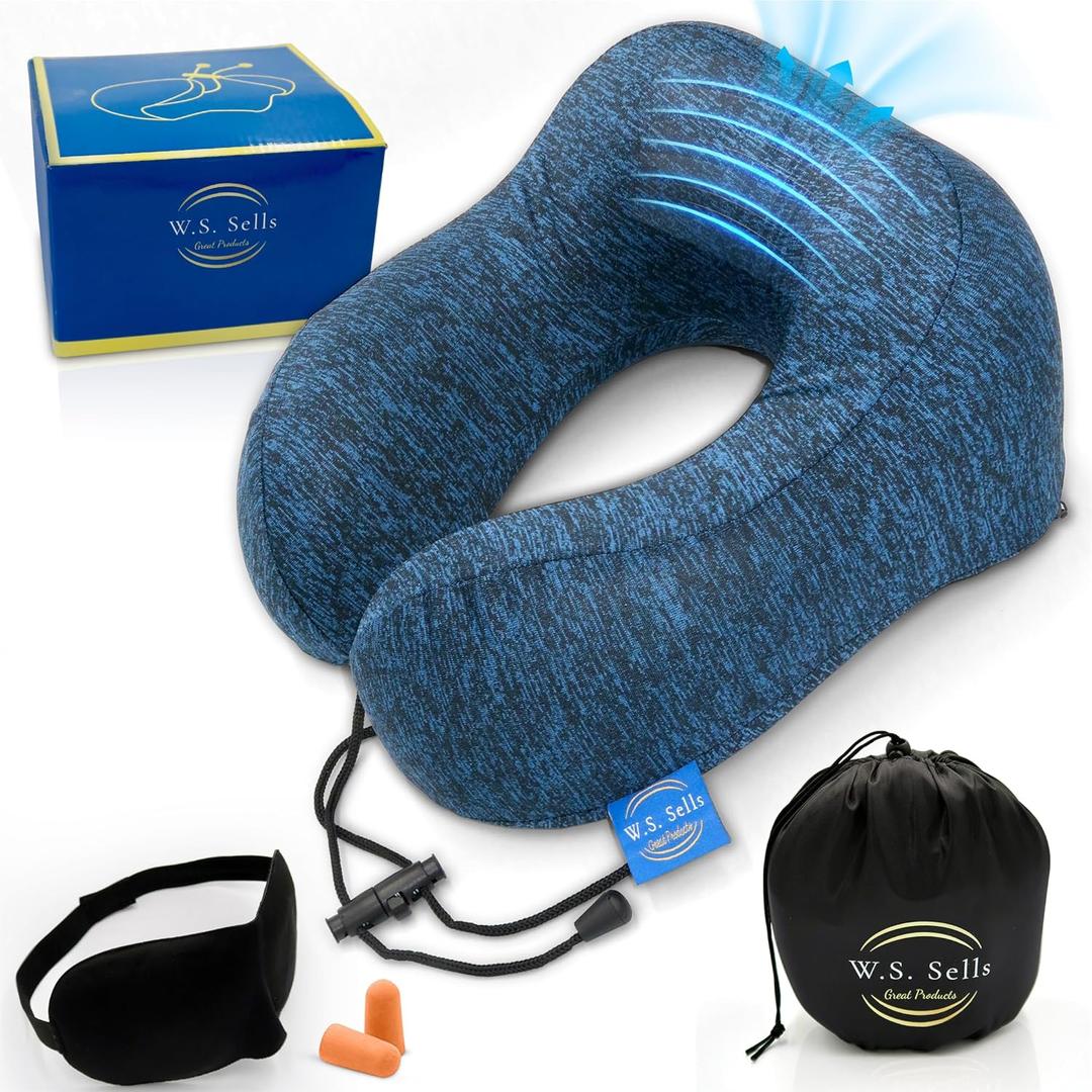 W.S. Sells Travel Neck Pillows for Airplanes - Pure Memory Foam with Ergonomic Design & Breathable Fabric - Travel Pillows for Airplanes & Cars - Set of Travel Essentials with Sleep Mask & Ear Plugs