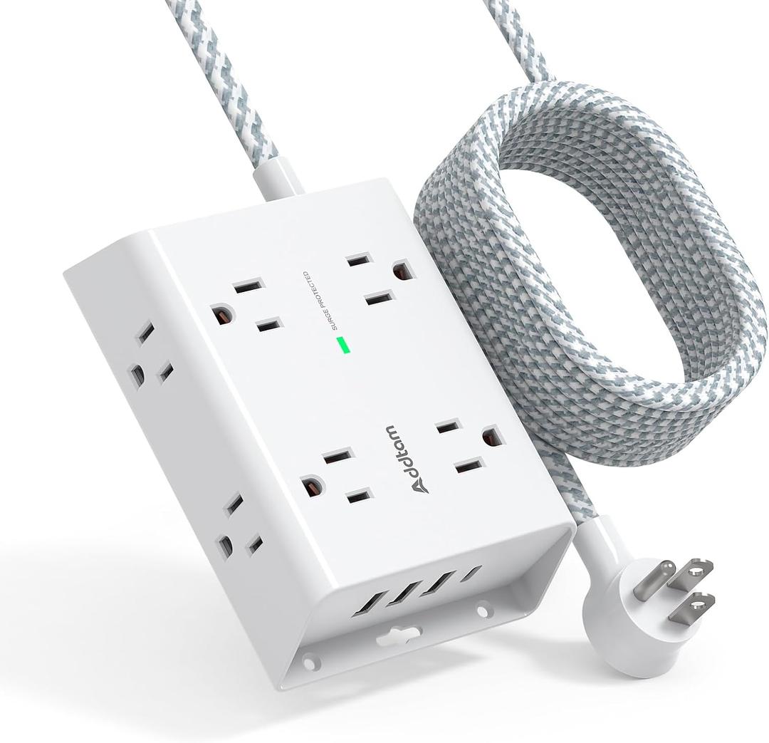 15Ft Long Surge Protector Power Strip, Addtam Extension Cord with 8 AC Outlets and 4 USB Ports(1 USB C), 3-Side Outlet Extender Strip, Flat Plug, Wall Mount, Dorm Home Office Essential, ETL Listed (White)