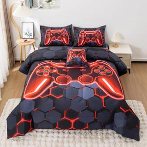 6Pcs Gamer Comforter Set with Sheets for Boys Girls Kids Teens, Colorful Gaming Themed Bed in A Bag Twin Size, Black 3D Video Game Controller Bedroom Decor Bedding Set (Red)