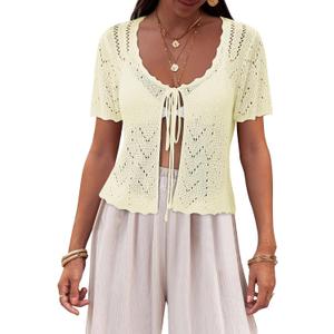 Saodimallsu Womens Tie Crochet Shrug Short Sleeve Cropped Summer Lightweight Knit Cardigan Bolero Sweater Cover Ups (Small, Beige)