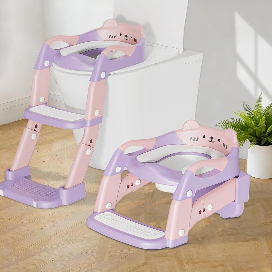 Potty Training Seat with Step Stool Ladder, 3-in-1 Toddler Potty Training Toilet Seat for Boys Girls, Height Adjustable Foldable Toddler Potty with Splash Guard, Non Slip Pad and Safety Handles (Pink)
