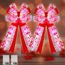 Liliful 2 Pcs Lighted Valentine's Day Bows, 20'' x 11'' Burlap Pink Red Valentines Tree Topper with Heart Decorations, Valentine's Day Wreath Bows for Front Door Porch Fireplace Fence Party Wall Decor