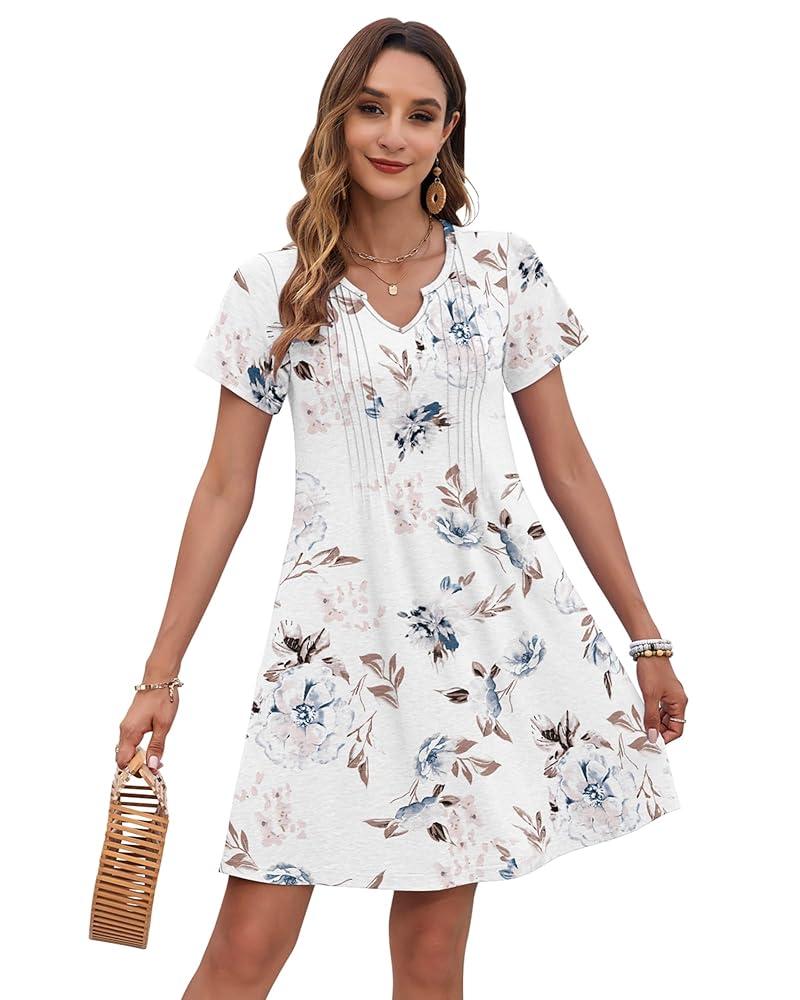 PLOKNRD Women's Casual Dress Summer Short Sleeve T-Shirt Dress Crew Neck Basic Dresses 2025 (White Flower. XXL)