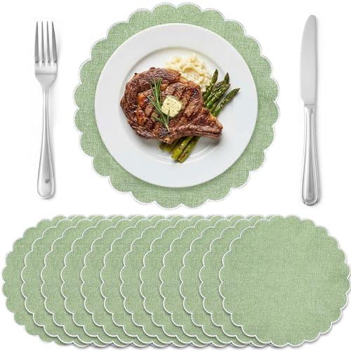 Gandeer Set of 12 Sage Green Cotton Placemats 15 Inch Round Scalloped Embroidery Placemats Washable Double Layered Rustic Table Mat Fabric Napkins for Wedding Table Decor