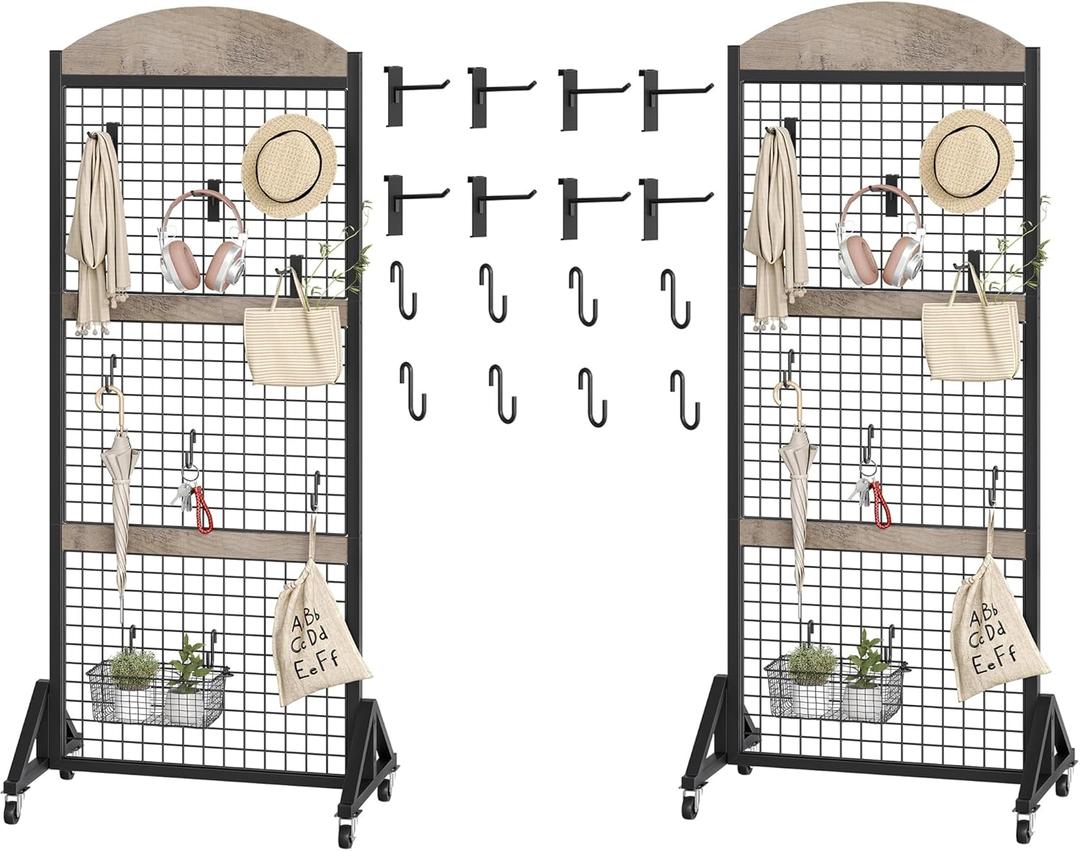 2 Packs Grid Wall Panel 5.7' x 2' FT Grid Display Rack with Wheels, Movable Gridwall Display Stand with 8 S-Shaped Hooks and 8 Garment Hooks, Floorstanding Wire Grid Rack, Greige and Black TCJ17P2BG